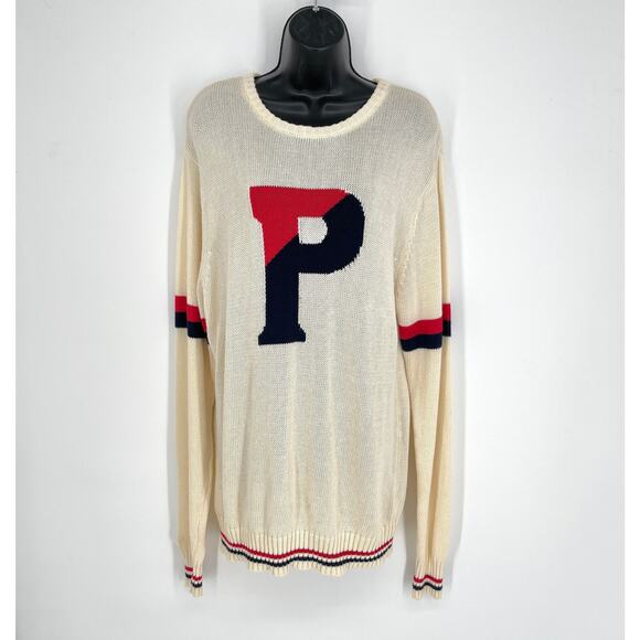 Tradition NEW Fisherman Sweater *FLAW* Sz M "P" Logo Cream Navy Red Collegiate - Picture 1 of 11